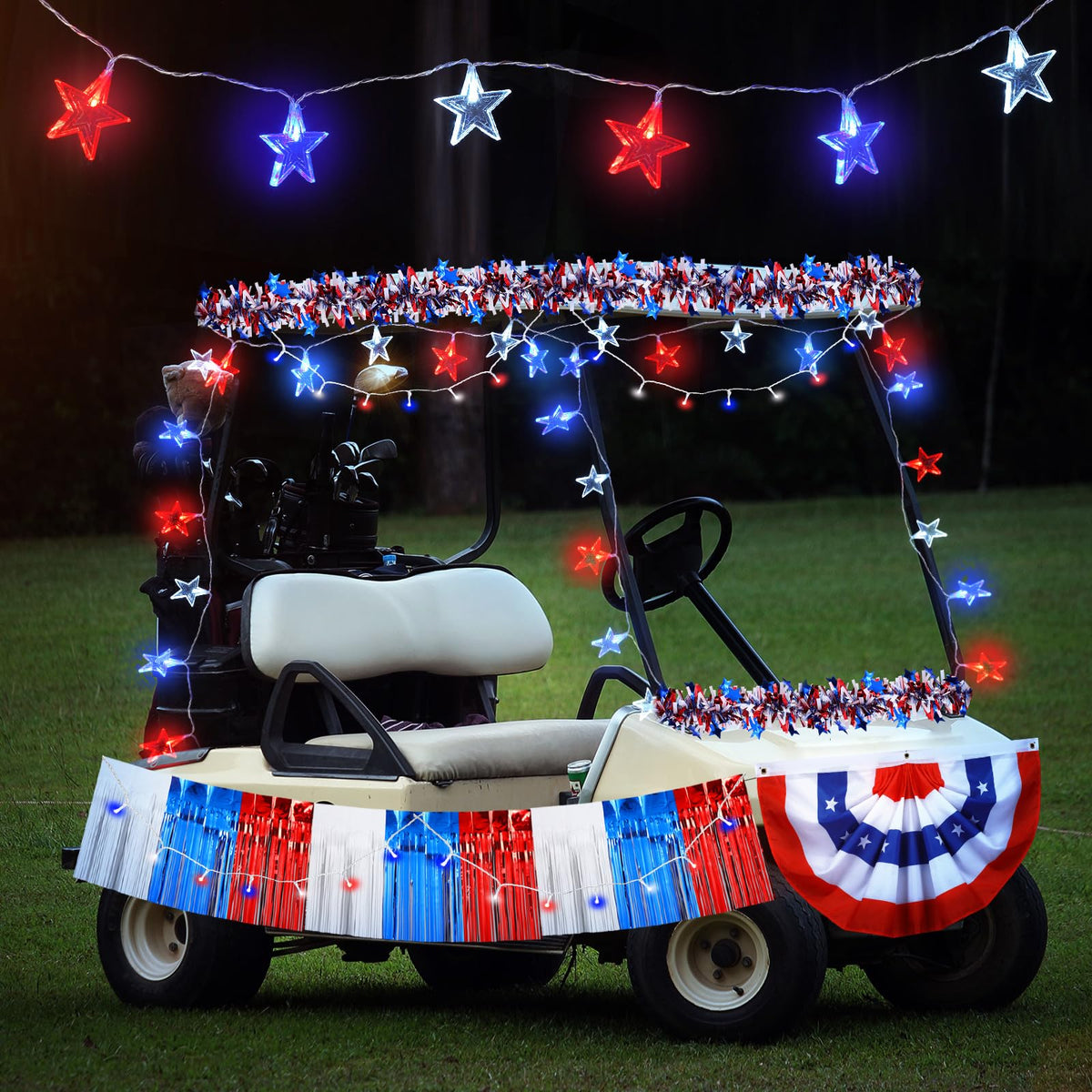 Mindsoft 65ft light string brightens the golf cart for a vibrant Fourth of July display