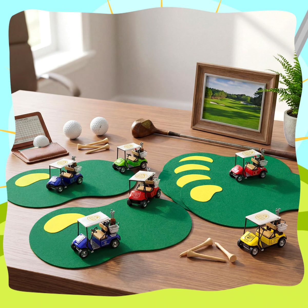 Mindsoft six-set golf decor kit fits birthday or corporate golf themes.