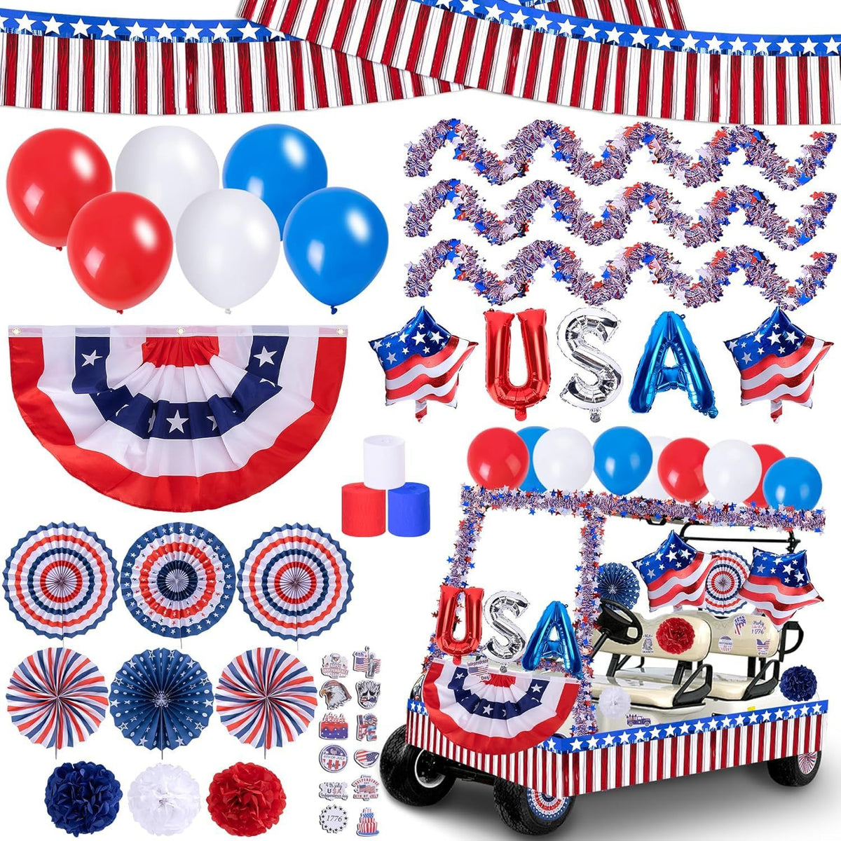 MineLand Fourth of July golf cart garlands add festive color for outdoor parades.