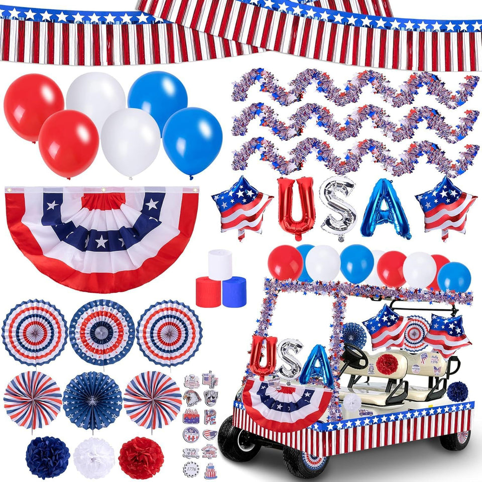 MineLand Fourth of July golf cart garlands add festive color for outdoor parades.