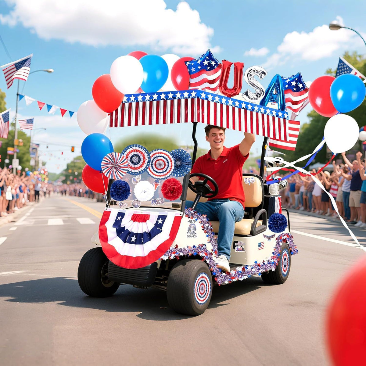 MineLand Fourth of July tinsel garlands provide shimmering accents for a standout cart.