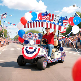 MineLand Fourth of July tinsel garlands provide shimmering accents for a standout cart.