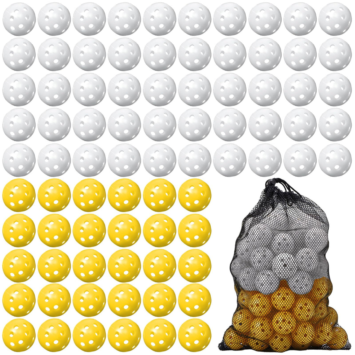 MiniInflat 80-pack practice golf balls in white and yellow for safe indoor outdoor practice