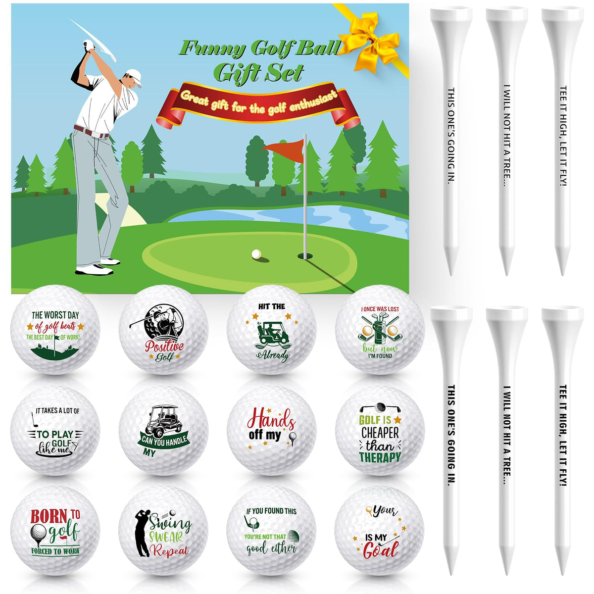 MinInflat funny golf balls and tees gift set for golfers on course and practice.