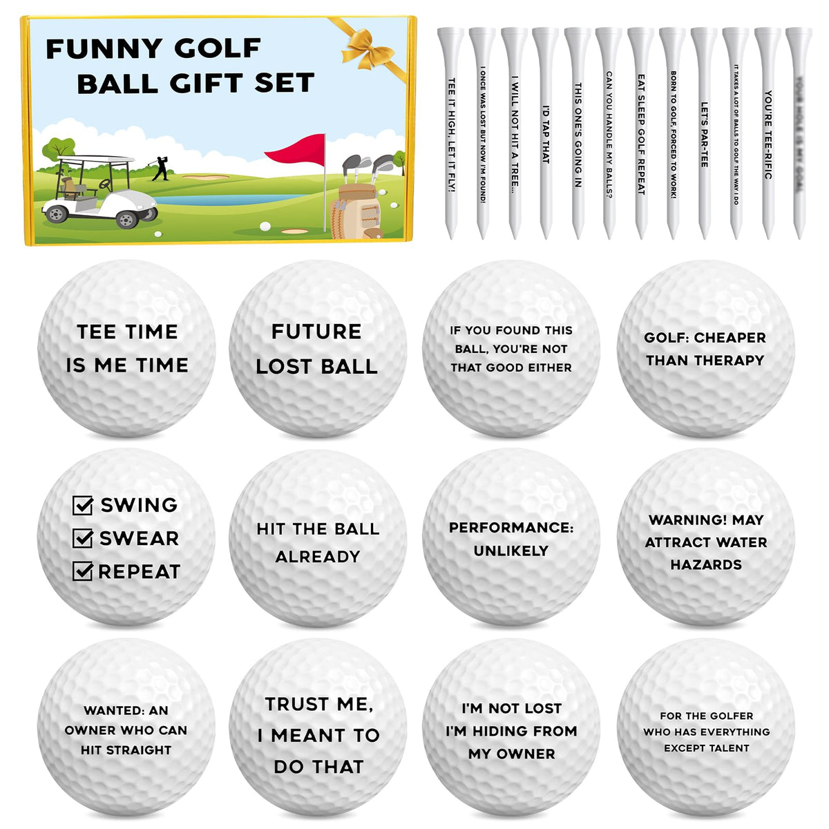 MiniInflat funny golf balls and tees set on display for practice fun.