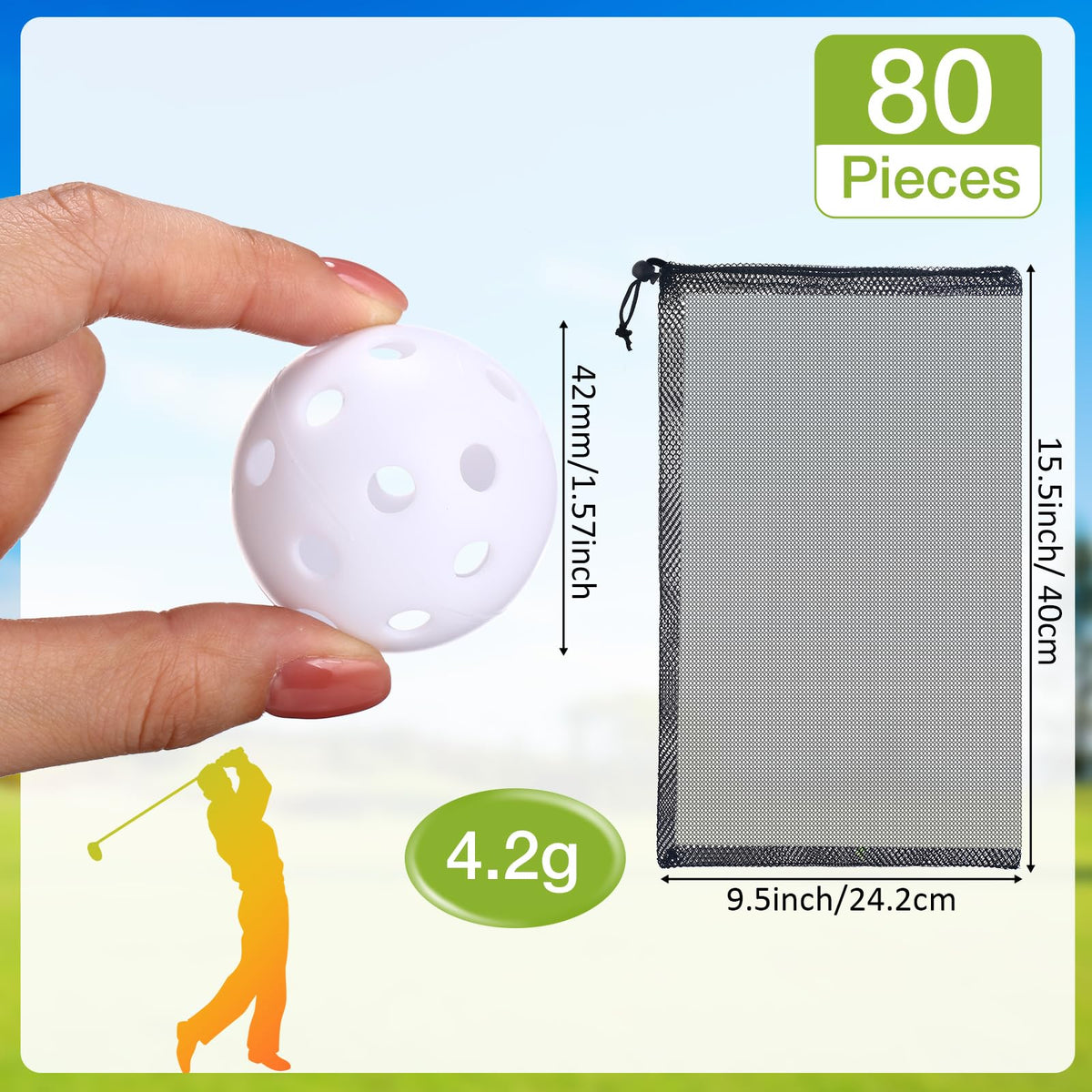MiniInflat golf balls with 26 scalloped holes for realistic spin and distance.