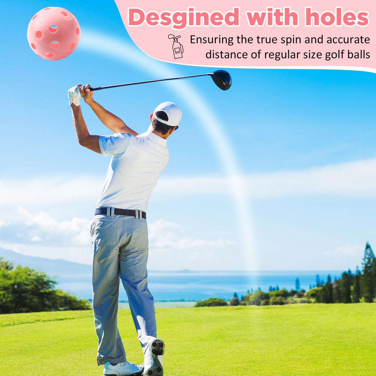 MiniInflat pink-visible golf ball helps spot during training sessions.