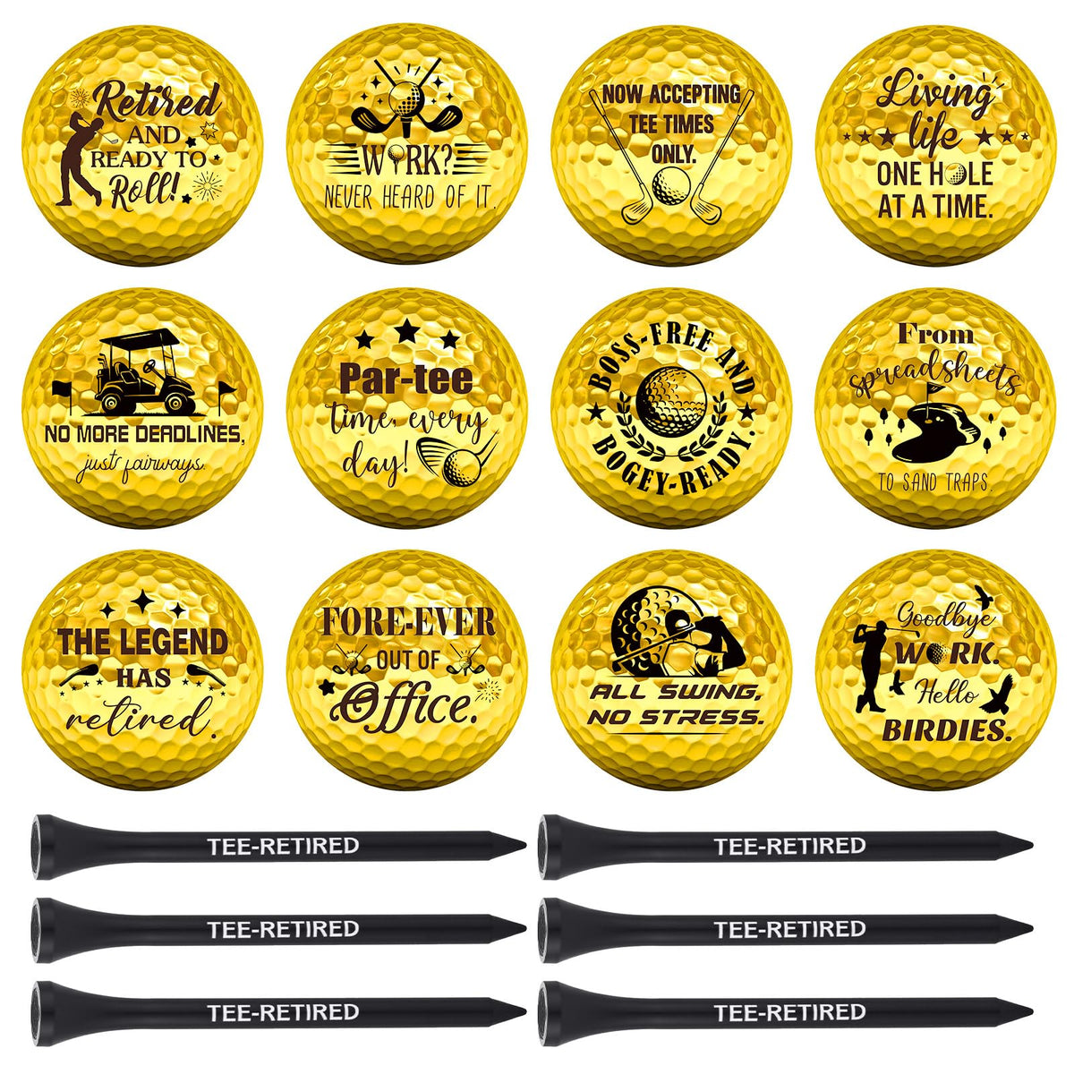 MiniInflat retirement golf balls with 12 humorous designs, perfect for gifting on the course.