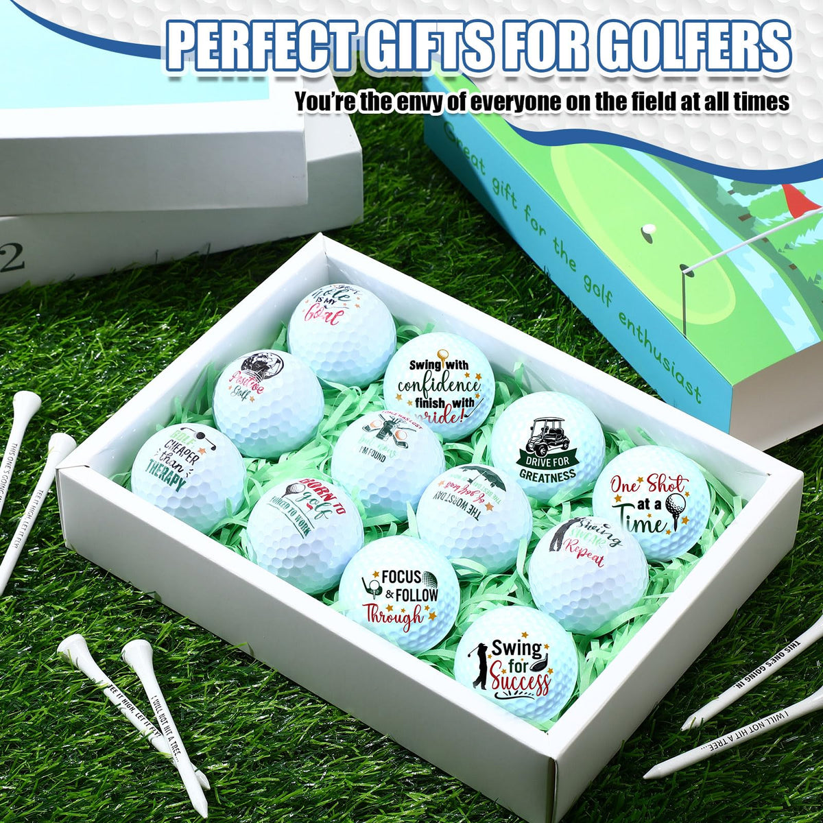 MinInflat white golf balls with lasting printing for reliable play and display.
