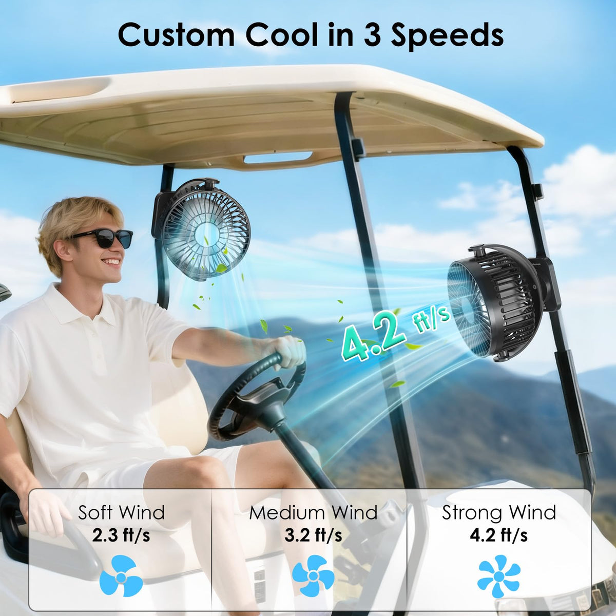 Minthouz 12000mAh battery-powered fan delivers long-lasting cooling on course.