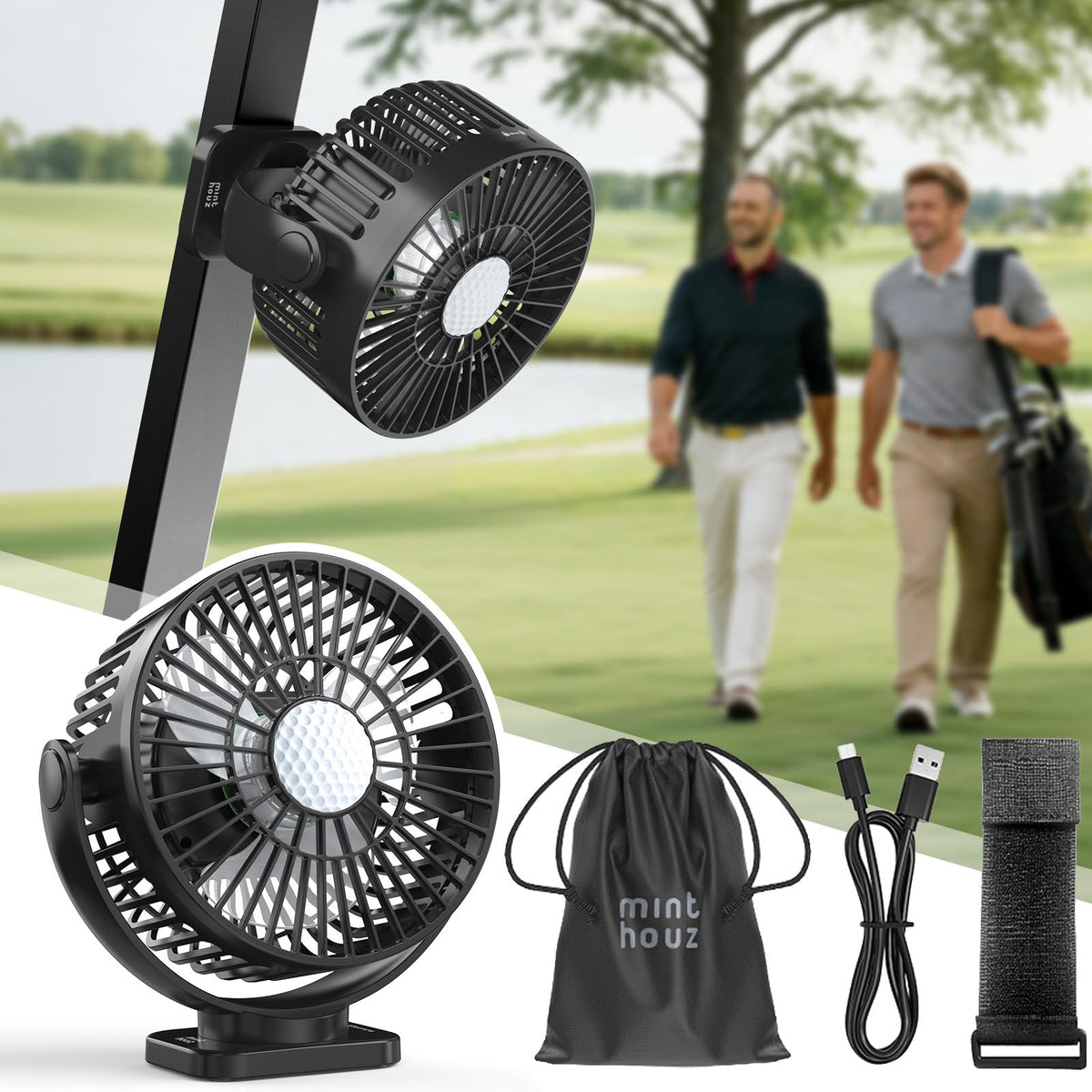 Minthouz golf cart fan with a strong magnetic base for secure attachment.
