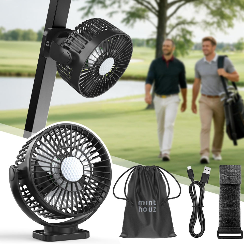Minthouz golf cart fan with a strong magnetic base for secure attachment.