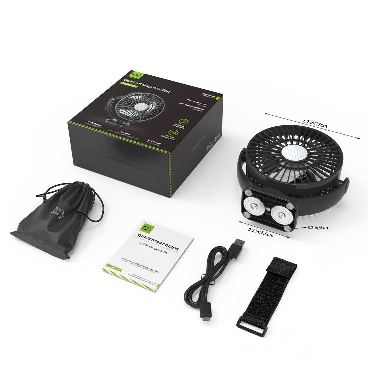 Minthouz portable fan with storage bag for easy transport.