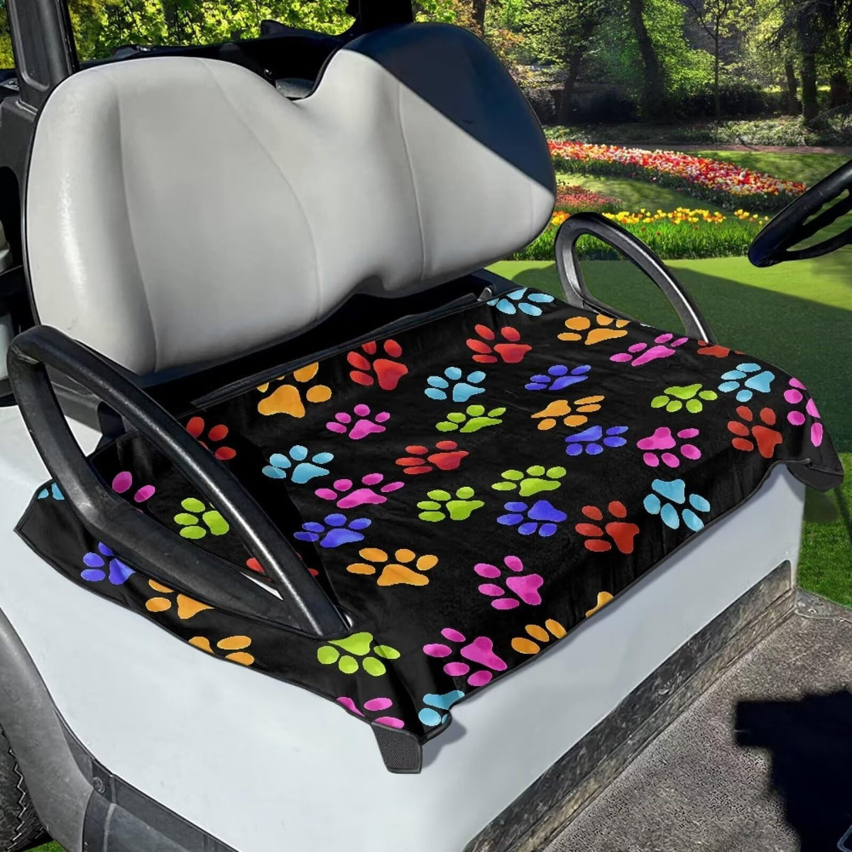Mintulipy golf cart seat cover with colorful dog paw pattern protects seats and adds playful style.