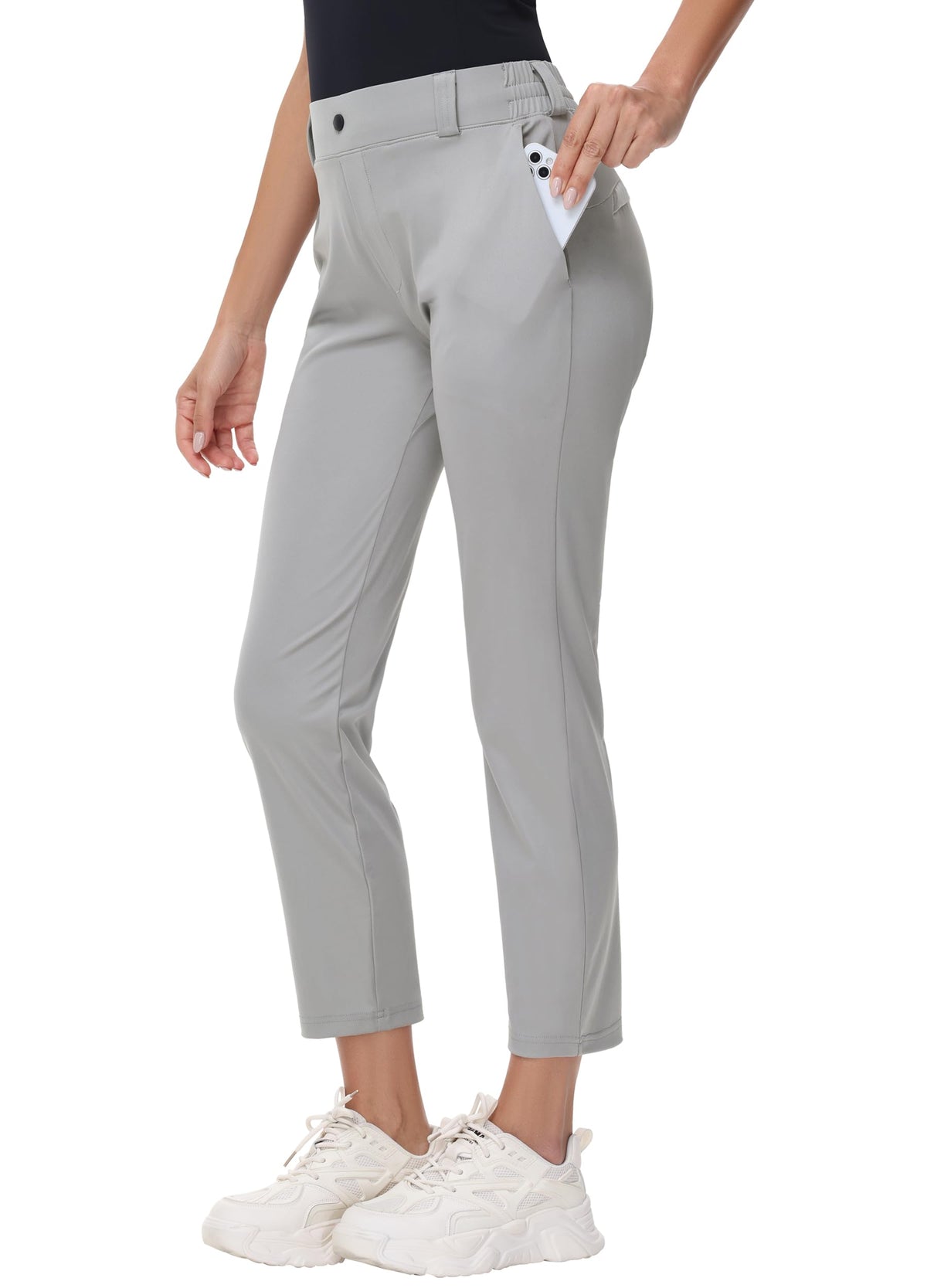 MIVEI women's 27-inch stretch golf pant fabric close-up, highlighting softness and moisture-wicking.