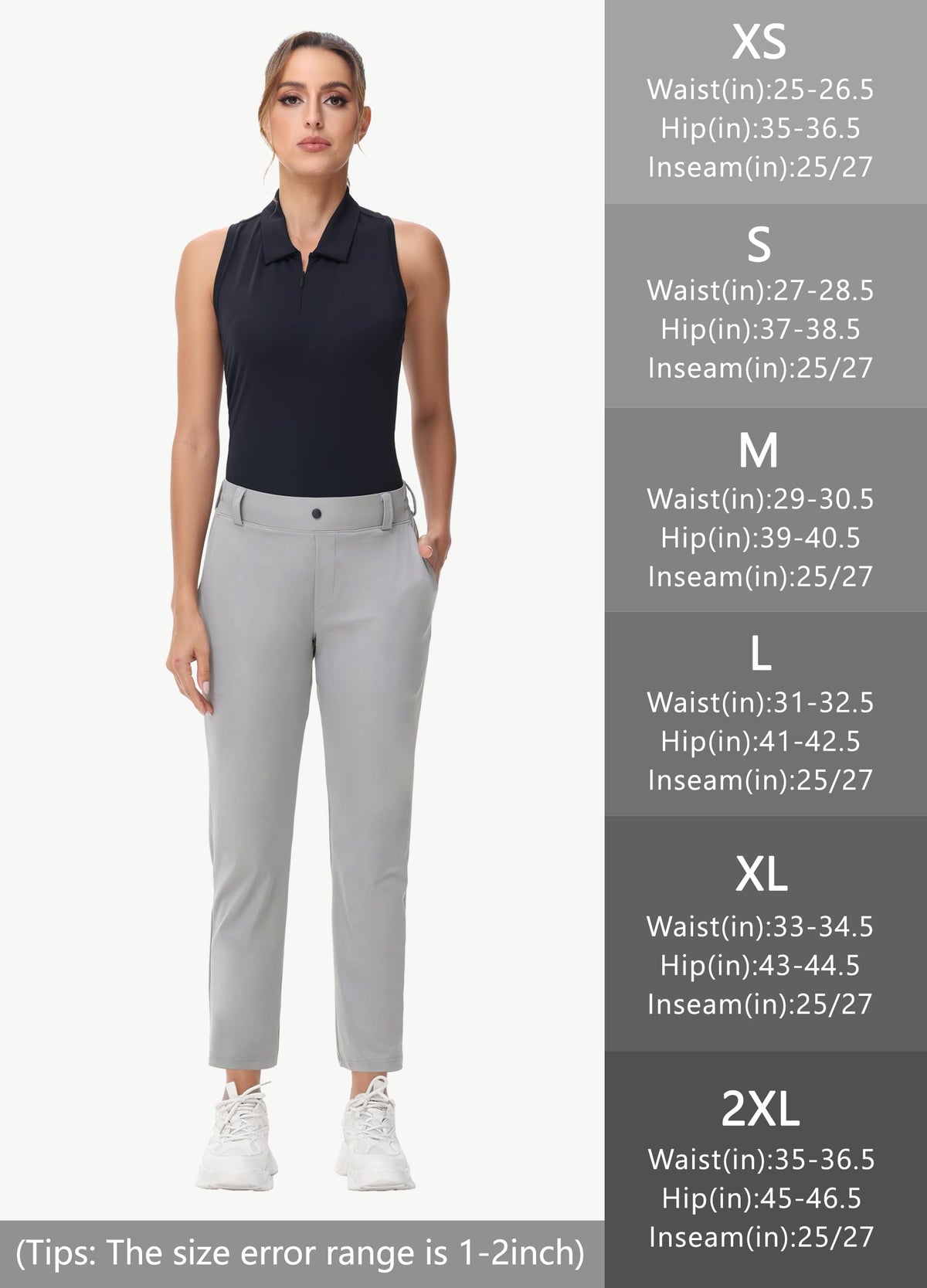MIVEI women's 27-inch stretch golf pant on-model full look versatile from course to office.