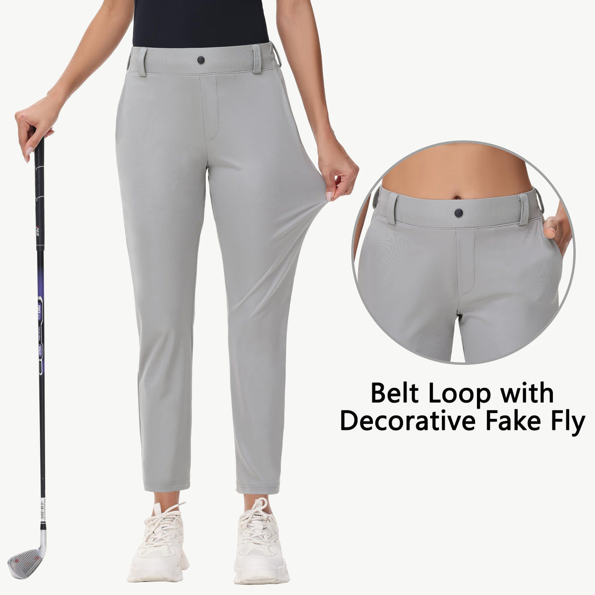 MIVEI women's 27-inch stretch golf pant pocket layout close-up showing convenient storage.