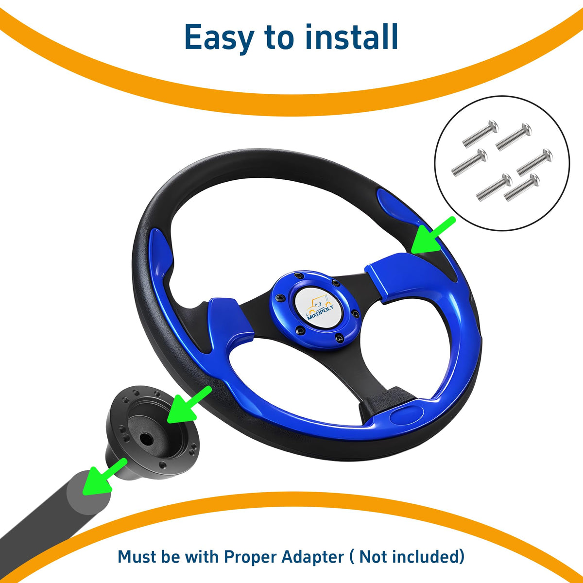 Package shows wheel, six screws, and installation wrench