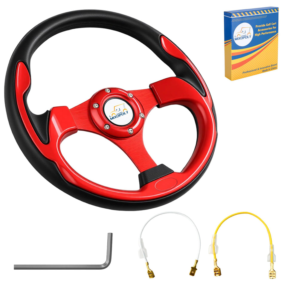Mixopoly 12.5-inch steering wheel with racing design for golf carts.