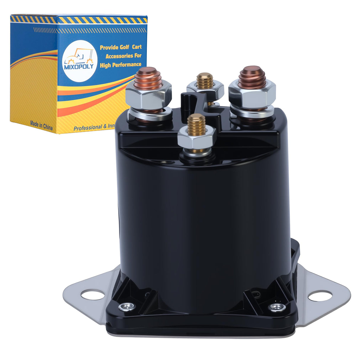 Mixopoly 12V golf cart solenoid close-up showing copper contacts for reliability.