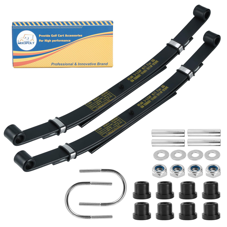 Mixopoly 3-leaf rear spring for Club Car DS improves ride stability on rough terrain.