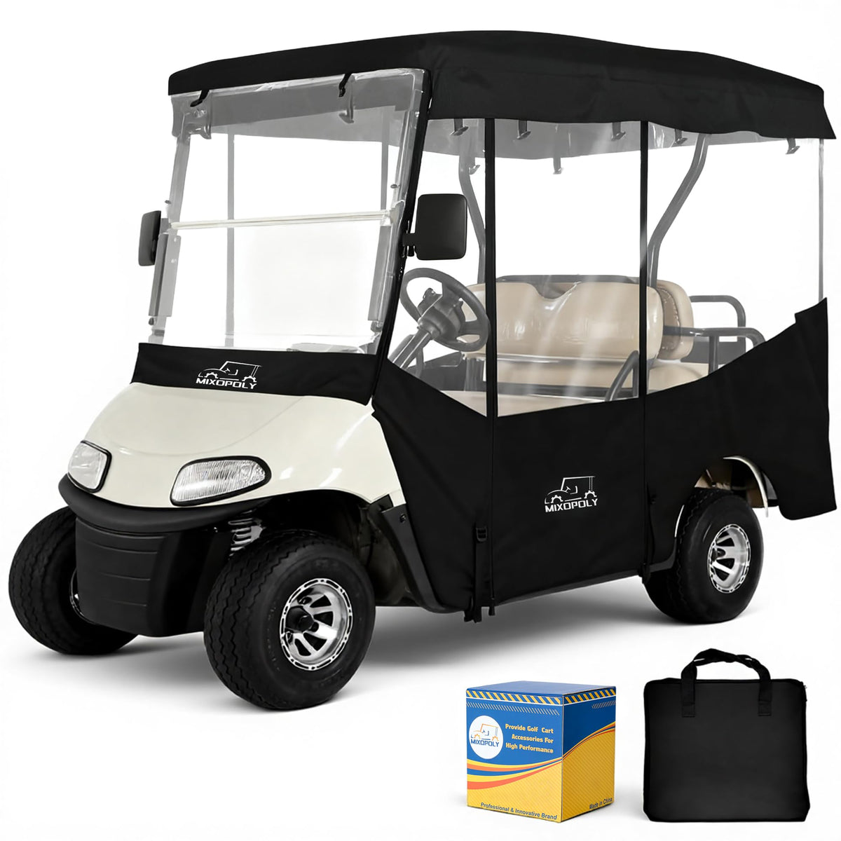 Mixopoly 4-passenger enclosure front view shows precise fit and weather protection