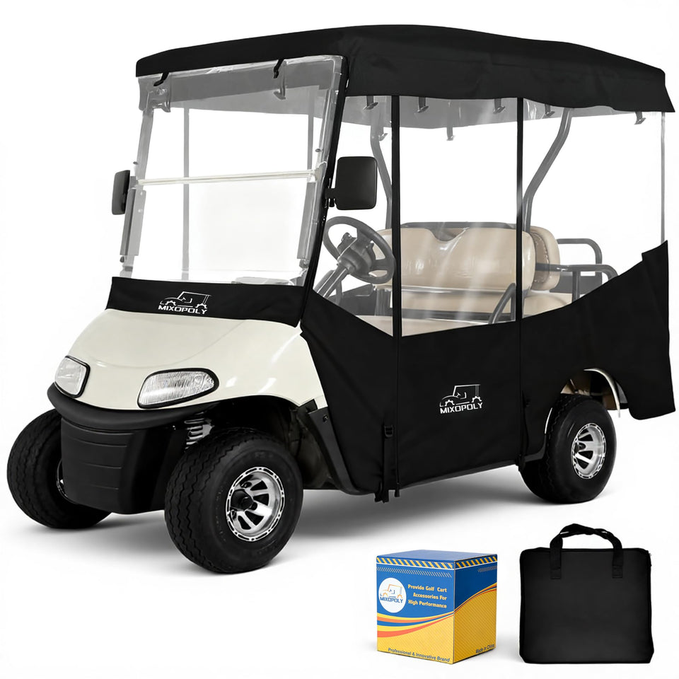 Mixopoly 4-passenger enclosure front view shows precise fit and weather protection
