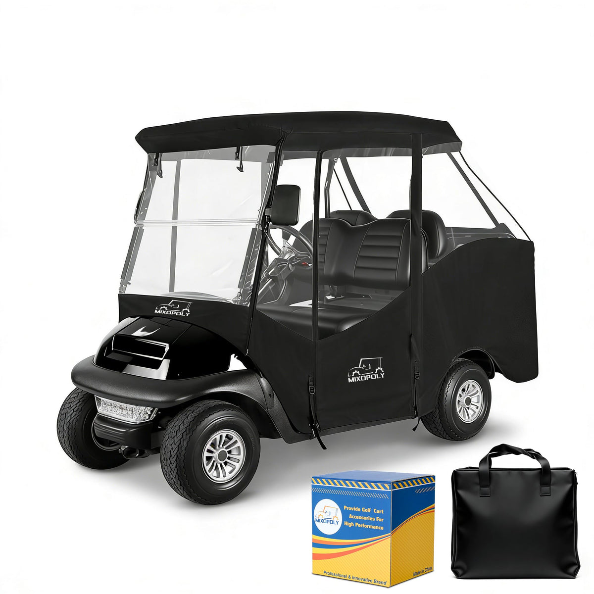 Mixopoly golf cart enclosure front view showing weatherproof coverage.