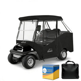 Mixopoly golf cart enclosure front view showing weatherproof coverage.
