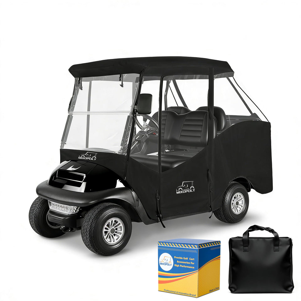 Mixopoly golf cart enclosure front view showing weatherproof coverage.
