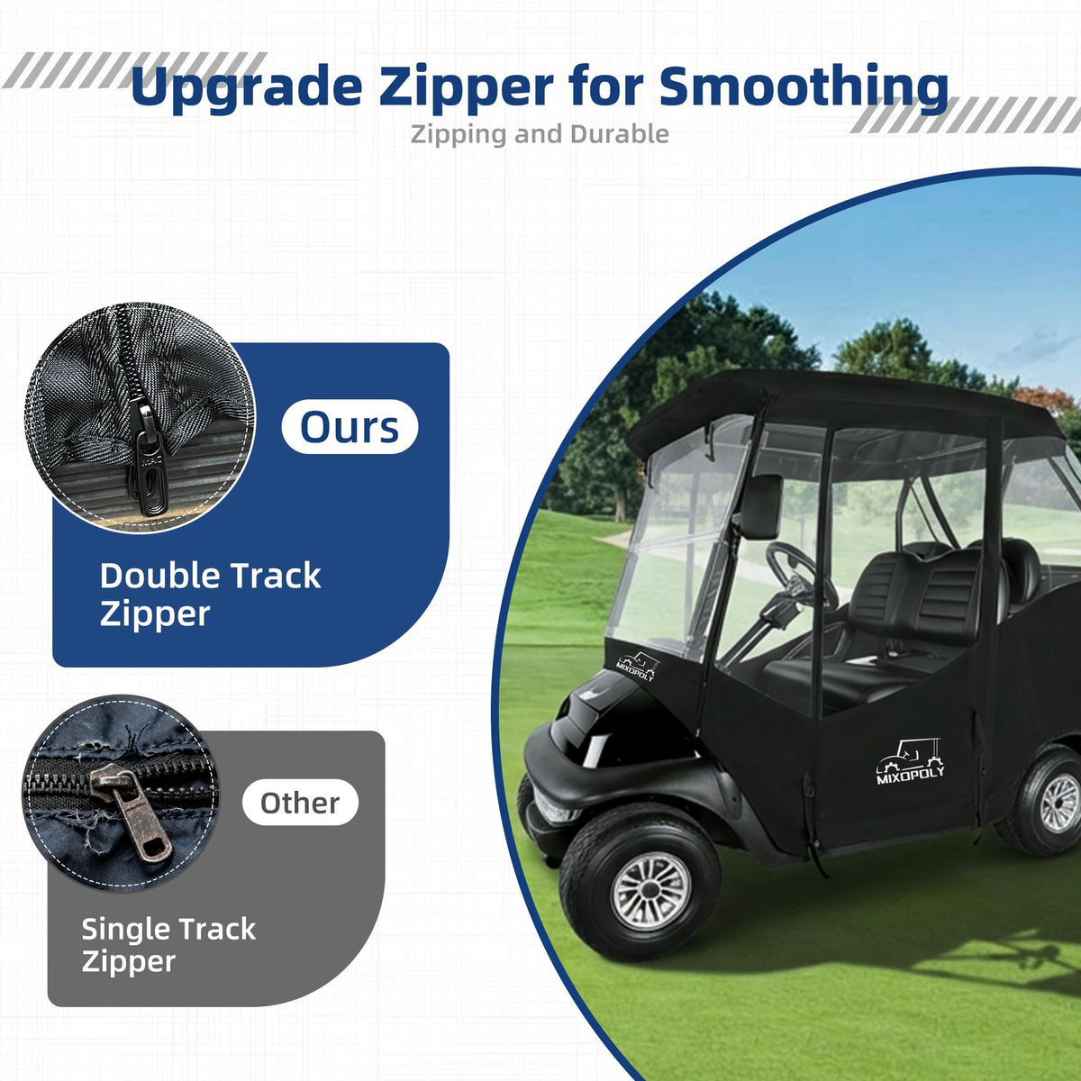 Mixopoly golf cart enclosure rear view highlighting clear window visibility.