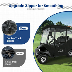 Mixopoly golf cart enclosure rear view highlighting clear window visibility.