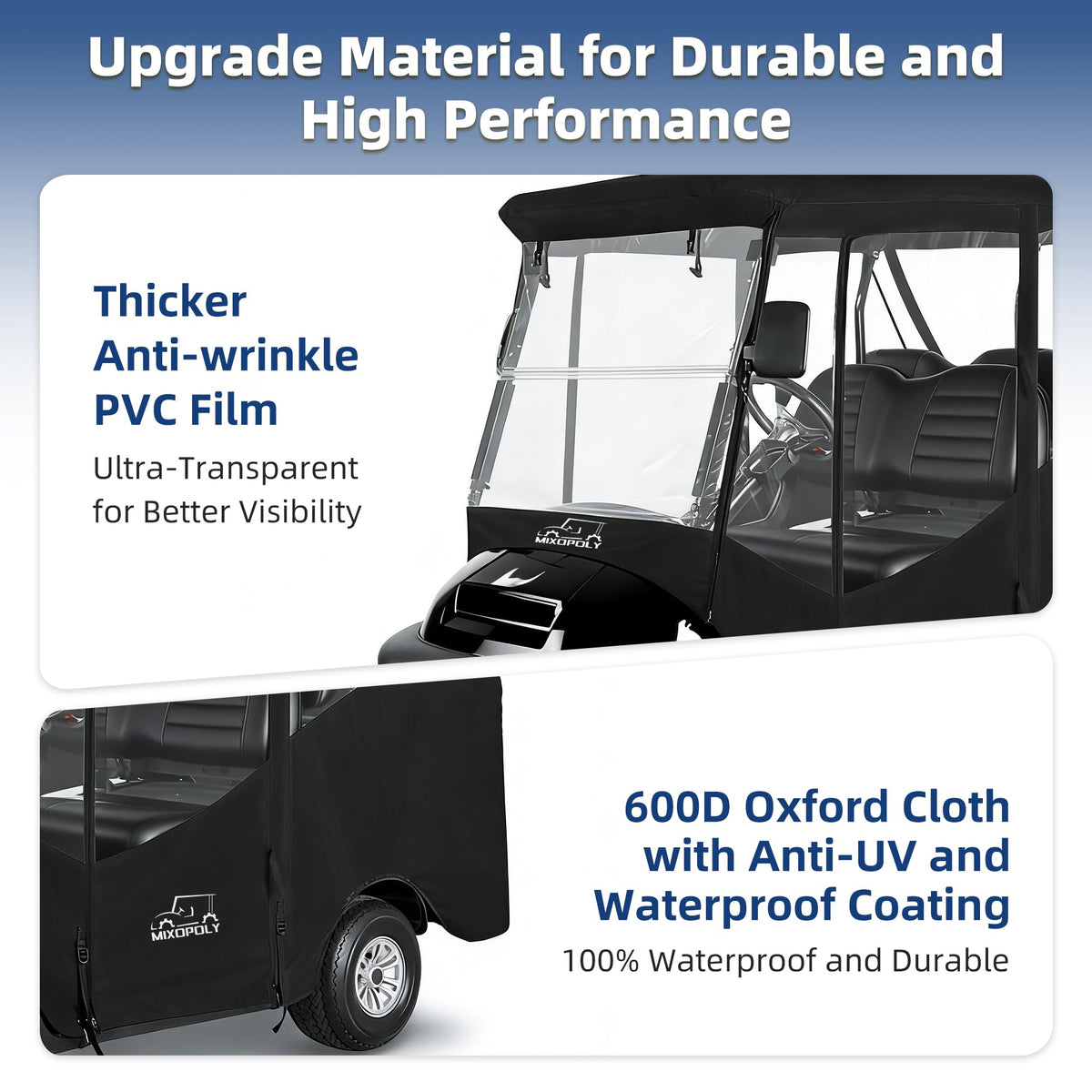 Mixopoly golf cart enclosure side view with mirror access and windows.