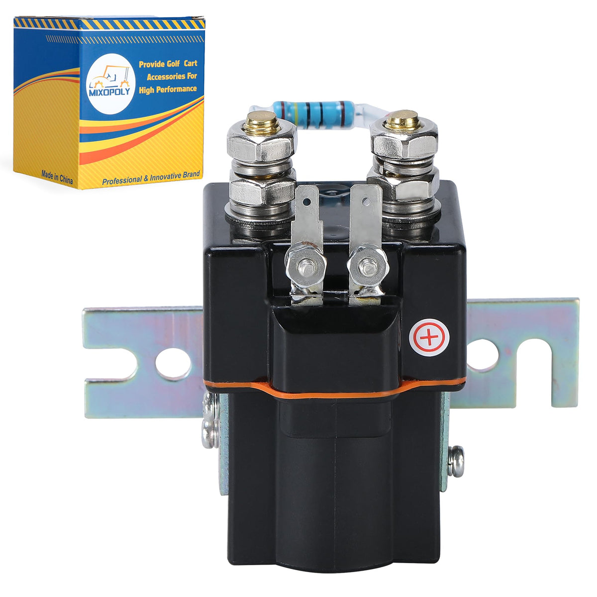 Mixopoly 48V four-terminal solenoid front view with weather-resistant housing.