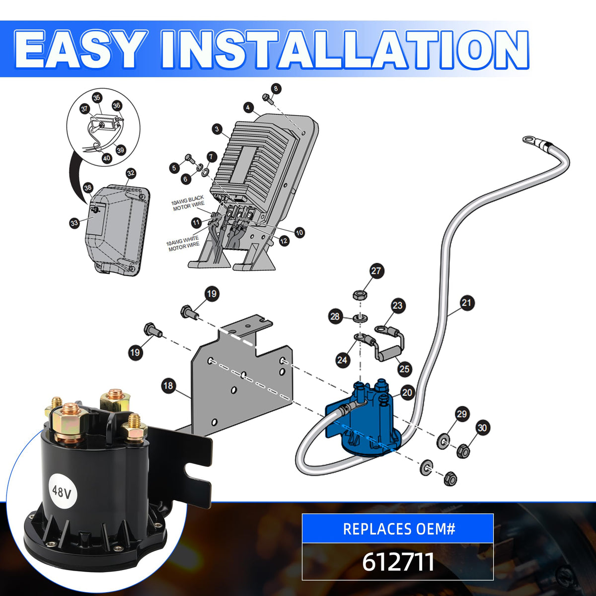 Mixopoly 48V solenoid in packaging showing OEM compatibility for EZGO