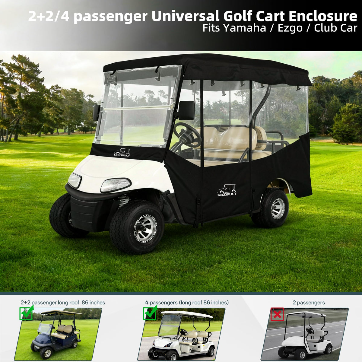 Mixopoly 86-inch roof coverage illustrates full cab protection against sun and rain