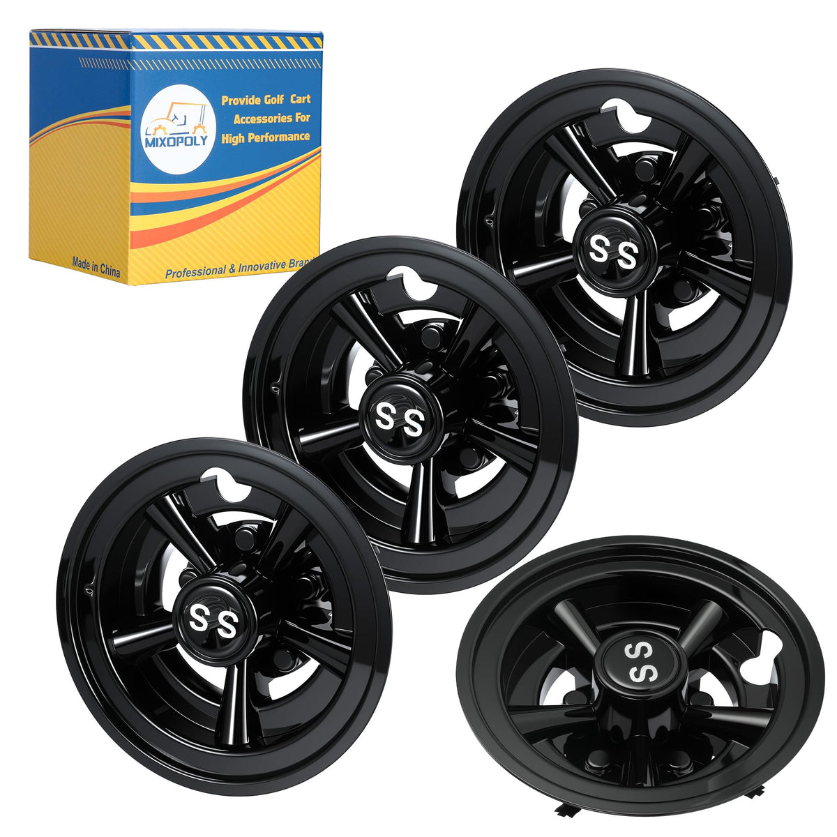 Mixopoly 8-inch wheel cover on EZGO with secure fit and chrome shine
