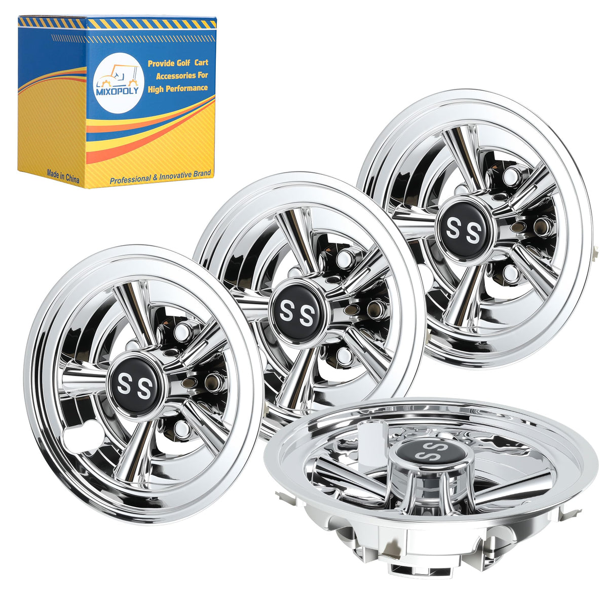 Mixopoly 8-inch wheel covers for EZGO show a secure snap-on fit