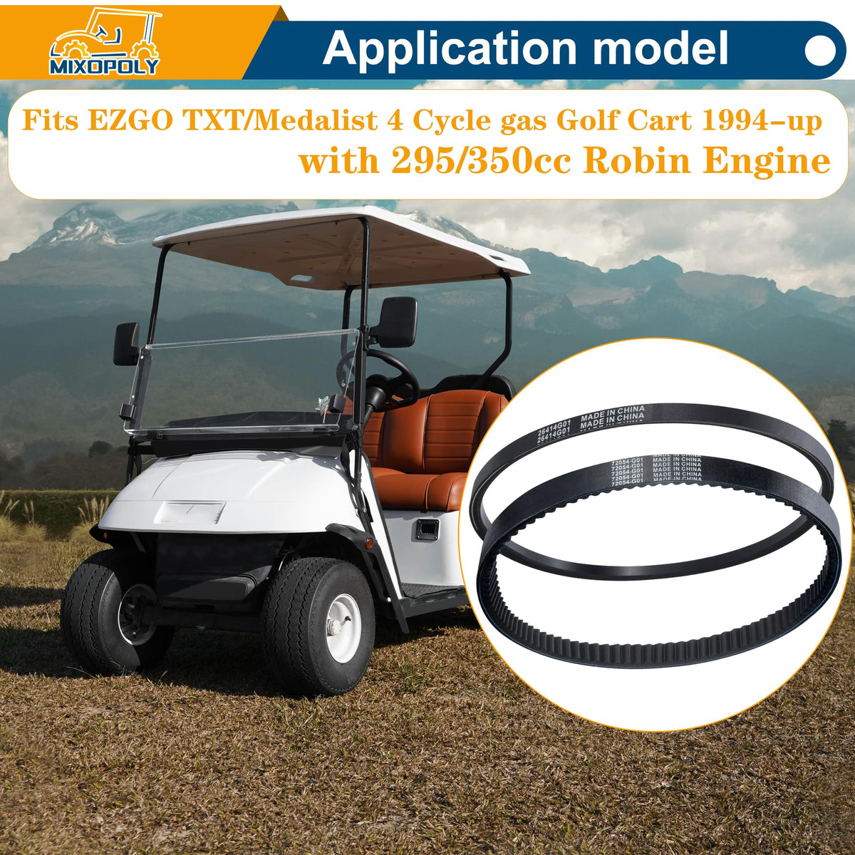 Mixopoly belt kit packaging and labeling showing EZGO compatibility.
