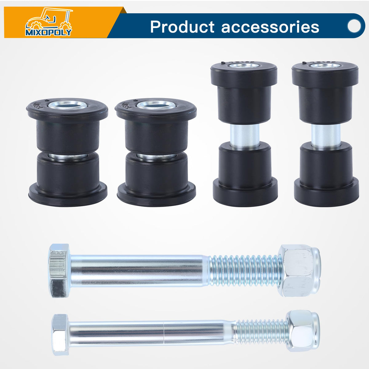 Mixopoly polyurethane bushings close-up highlighting premium material and OEM-like fit.