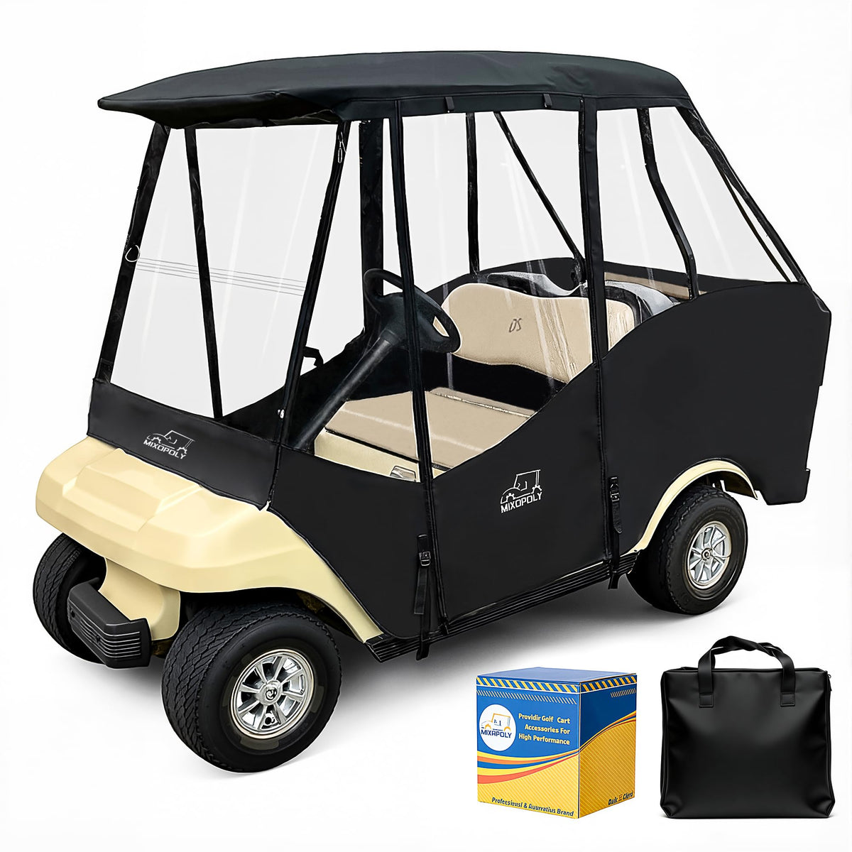 Mixopoly Club Car DS enclosure, 58-inch roof, front view for all-weather protection.