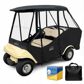 Mixopoly Club Car DS enclosure, 58-inch roof, front view for all-weather protection.