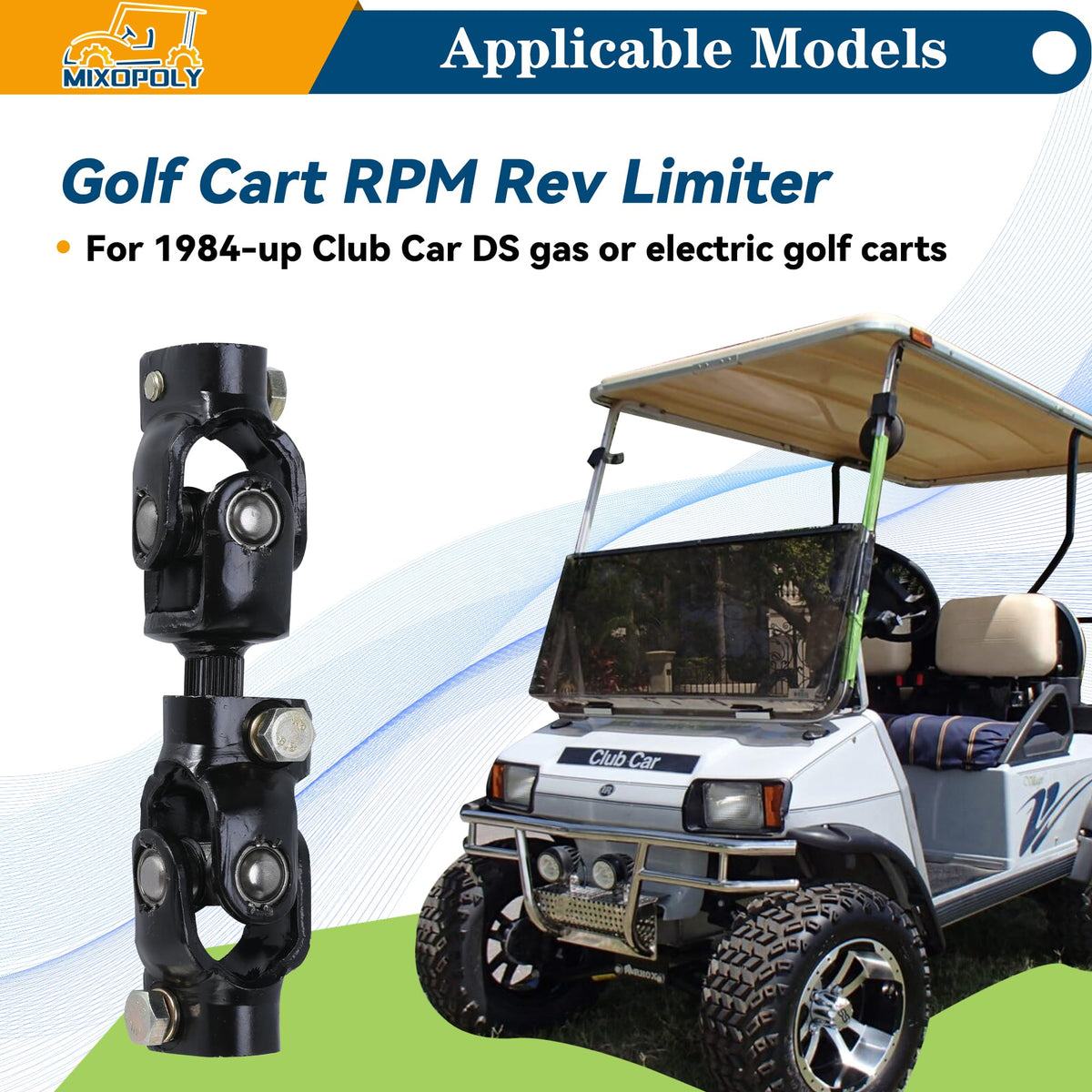 Mixopoly club car ds steering joint close-up highlights sturdy design for smooth replacement.