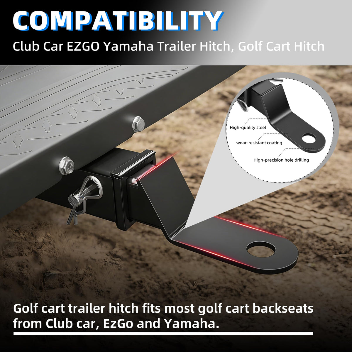 Mixopoly hitch side view highlighting universal fit with EZGO Club Car Yamaha