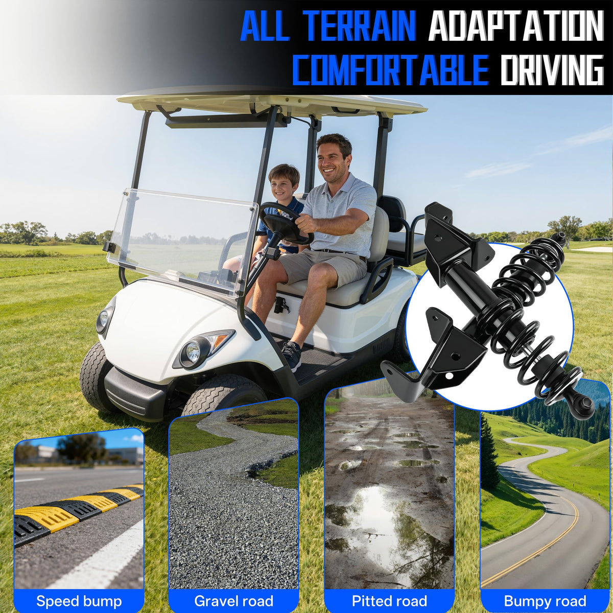 Mixopoly driver-side front shock absorber provides stability on bumpy courses.