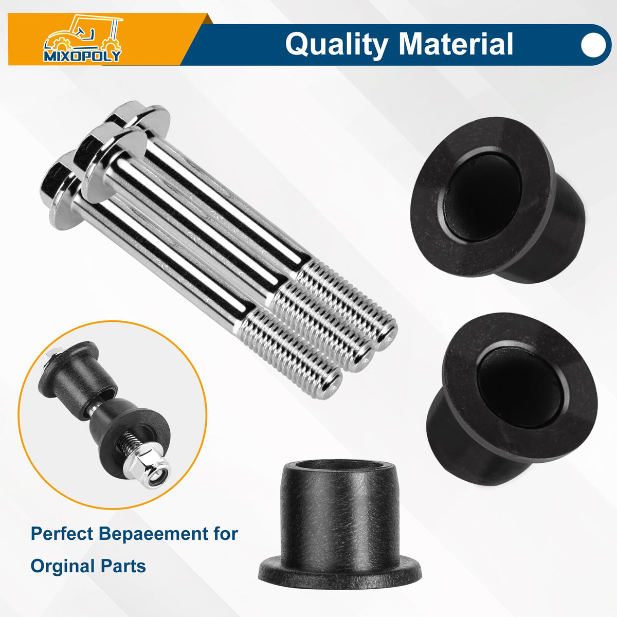Mixopoly EZGO RXV A-arm bushings installed for quiet, steady steering with refreshed components.