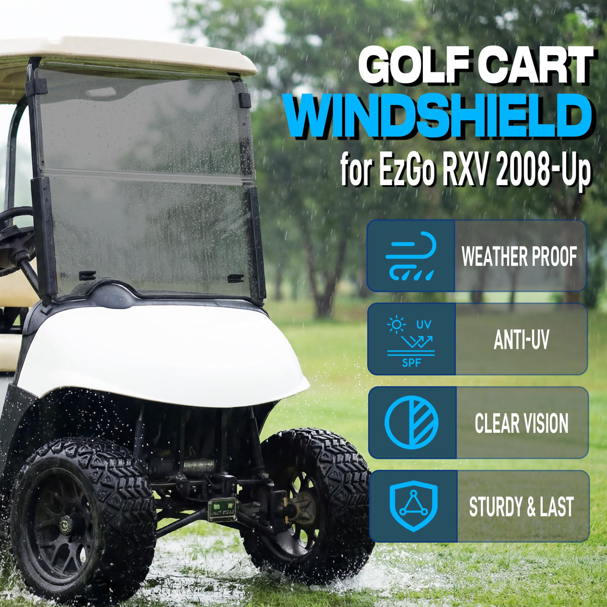Mixopoly EZGO RXV windshield 5mm thick offers sturdy weather shielding with clear visibility.