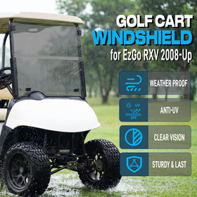 Mixopoly EZGO RXV windshield 5mm thick offers sturdy weather shielding with clear visibility.