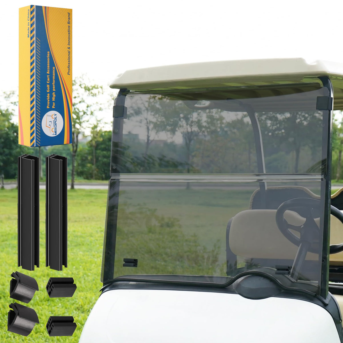 Mixopoly EZGO RXV windshield foldable design for versatile protection against wind and debris.
