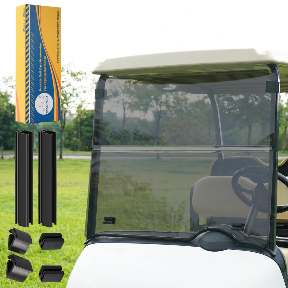 Mixopoly EZGO RXV windshield foldable design for versatile protection against wind and debris.